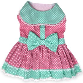Doggie Design — Pink Teal Polka Dot Lace Dog Dress — Adjustable Leash Attached Stylish Apparel Small Medium Large Dogs Fashion Harness Lightweight (Color: Pink and Teal, Size: X-Small)