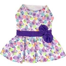 Doggie Design — Purple Butterfly Dog Harness Dress — Lightweight Spring Fashionable Secure Leash DRing Closure Polka Dot Bow Cotton Blend Apparel (Size: X-Small)