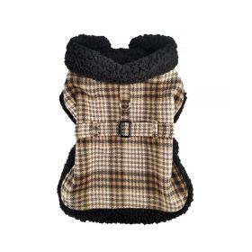 Doggie Design Dog Harness Sherpa-Lined Adjustable Matching Leash Winter Coat Set (Color: Brown & White Plaid, Size: X-Small)