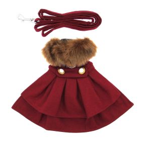 Doggie Design Wool Dog Harness Coat Faux Fur Trimmed Matching Leash Set Red (Color: Burgundy, Size: X-Small)