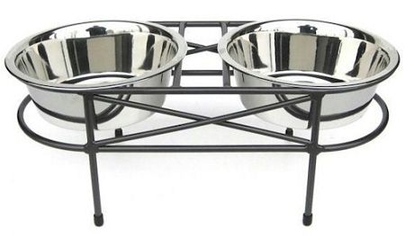 PetsStop — Mesh Elevated Double Feeder — Ergonomic Raised Iron Frame Stable Design Stainless Steel Three Quart Bowls Durable Modern Construction (Option: Large/Black)