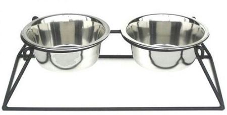 PetsStop — Pyramid Elevated Double Dog Feeder — Raised Stable Wrought Iron Stand Two Detachable Stainless Steel Bowls Unique Modern Sturdy Comfortable (Option: Small/Black)