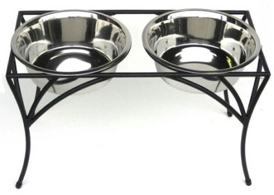 PetsStop — Arbor Elevated Double Diner — Raised Wrought Iron Stand Three Quart Stainless Steel Bowls Large Stable Design Non Skid Durable Construction (Option: Large)