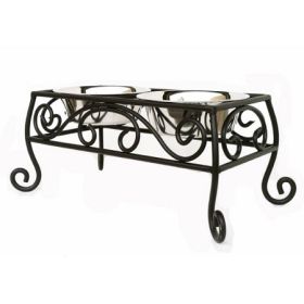 PetsStop — Noblesse Elevated Double Dog Feeder — Stainless Steel Bowls Euro Classic Bronze Wrought Iron Durable Stand for Stylish Raised Feeding (Option: Large)